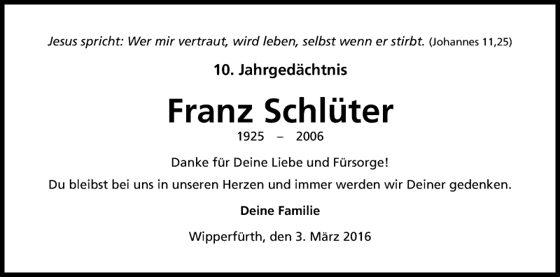 Traueranzeige für Franz Schlüter vom 02.03.2016 aus Kölner Stadt-Anzeiger / Kölnische Rundschau / Express
