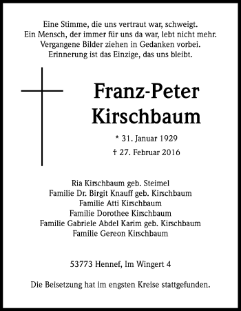 Anzeige von Franz-Peter Kirschbaum von Kölner Stadt-Anzeiger / Kölnische Rundschau / Express