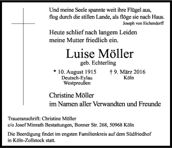 Anzeige von Luise Möller von Kölner Stadt-Anzeiger / Kölnische Rundschau / Express