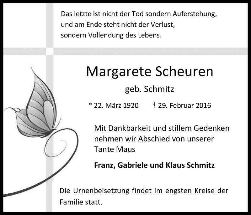  Traueranzeige für Margarete Scheuren vom 05.03.2016 aus Kölner Stadt-Anzeiger / Kölnische Rundschau / Express