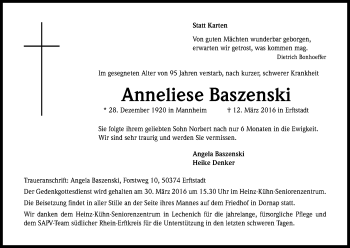 Anzeige von Anneliese Baszenski von Kölner Stadt-Anzeiger / Kölnische Rundschau / Express