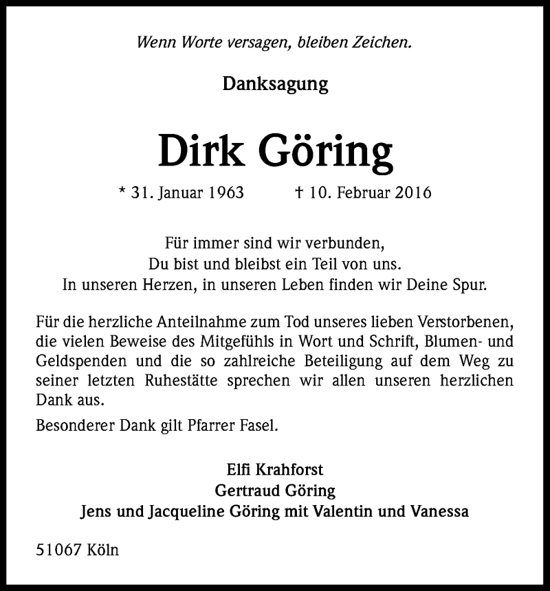  Traueranzeige für Dirk Göring vom 26.03.2016 aus Kölner Stadt-Anzeiger / Kölnische Rundschau / Express