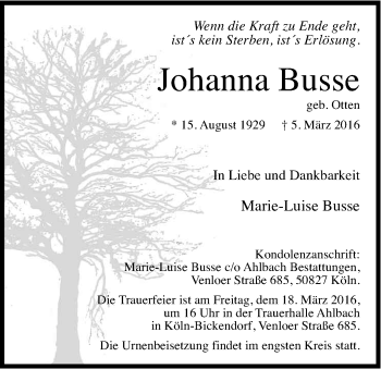 Anzeige von Johanne Busse von Kölner Stadt-Anzeiger / Kölnische Rundschau / Express