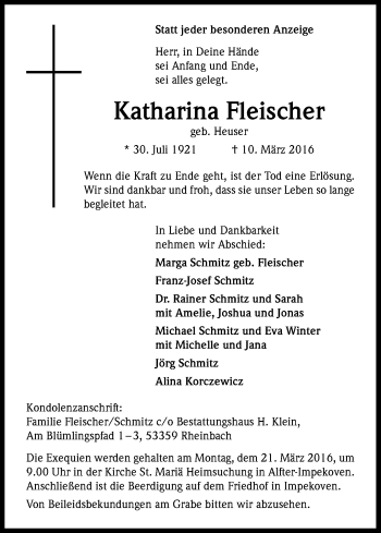 Anzeige von Katharina Fleischer von Kölner Stadt-Anzeiger / Kölnische Rundschau / Express
