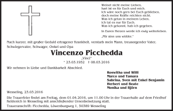Anzeige von Vincenzo Picchedda von  Kölner Wochenspiegel  Schlossbote/Werbekurier 
