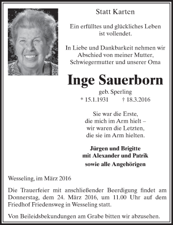 Anzeige von Inge Sauerborn von  Schlossbote/Werbekurier 