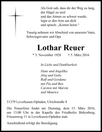 Anzeige von Lothar Reuer von Kölner Stadt-Anzeiger / Kölnische Rundschau / Express