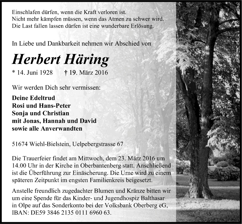  Traueranzeige für Herbert Häring vom 22.03.2016 aus Kölner Stadt-Anzeiger / Kölnische Rundschau / Express