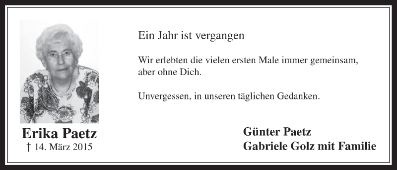  Traueranzeige für Erika Paetz vom 09.03.2016 aus  Wochenende 