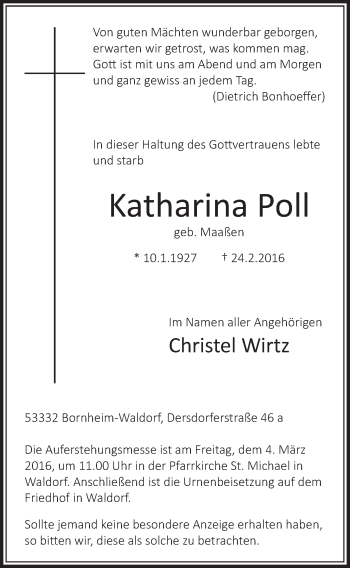 Anzeige von Katharina Poll von  Schaufenster/Blickpunkt  Schlossbote/Werbekurier 