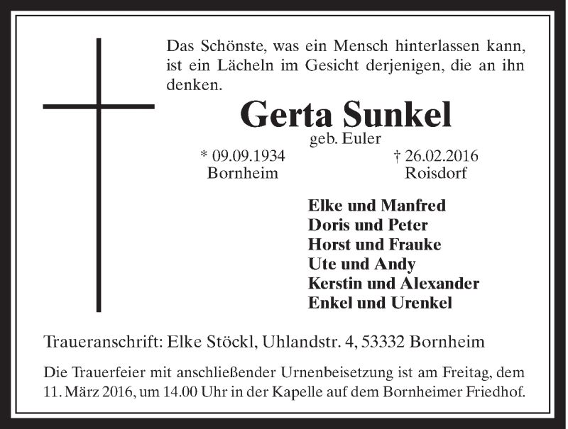  Traueranzeige für Gerta Sunkel vom 09.03.2016 aus  Schaufenster/Blickpunkt 