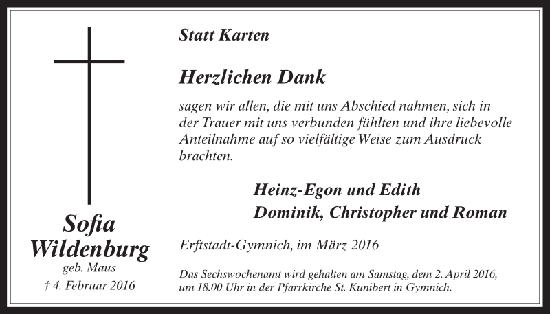  Traueranzeige für Sofia Wildenburg vom 30.03.2016 aus  Werbepost 