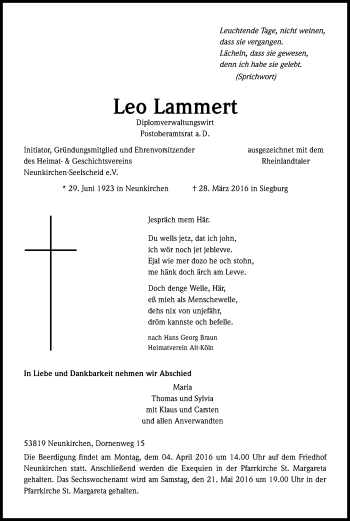 Anzeige von Leo Lammert von Kölner Stadt-Anzeiger / Kölnische Rundschau / Express