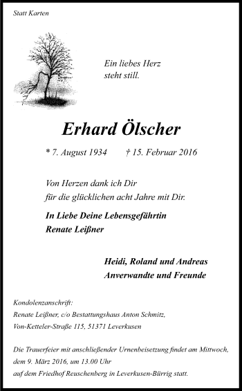 Anzeige von Erhard Ölscher von Kölner Stadt-Anzeiger / Kölnische Rundschau / Express
