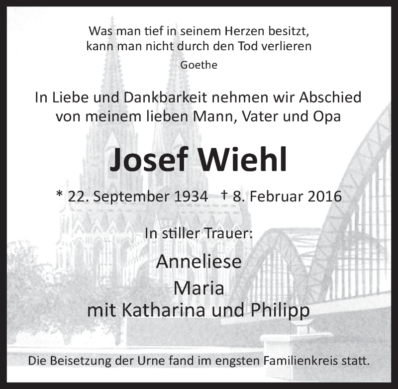  Traueranzeige für Josef Wiehl vom 09.03.2016 aus  Kölner Wochenspiegel 