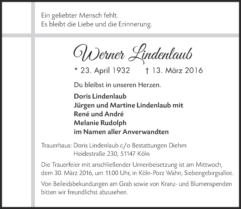  Traueranzeige für Werner Lindenlaub vom 23.03.2016 aus  Kölner Wochenspiegel 