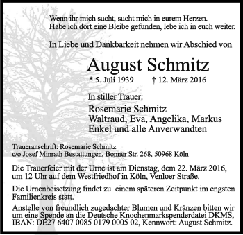 Anzeige von August Schmitz von Kölner Stadt-Anzeiger / Kölnische Rundschau / Express
