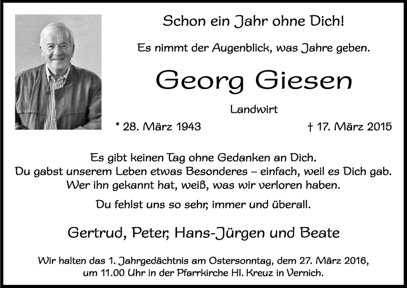  Traueranzeige für Georg Giesen vom 18.03.2016 aus Kölner Stadt-Anzeiger / Kölnische Rundschau / Express