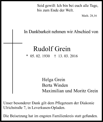 Anzeige von Rudolf Grein von Kölner Stadt-Anzeiger / Kölnische Rundschau / Express