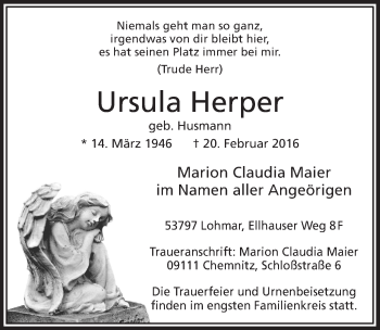 Anzeige von Ursula Herper von  Kölner Wochenspiegel  Extra Blatt 