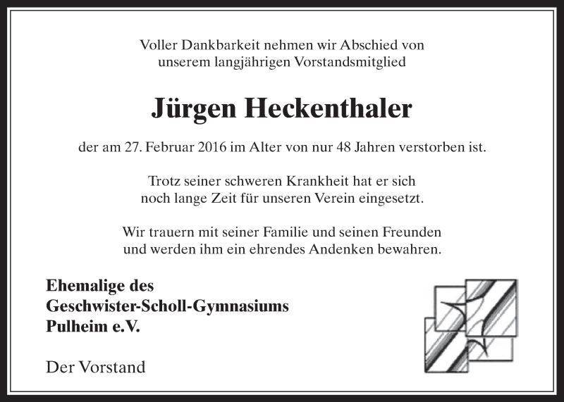  Traueranzeige für Jürgen Heckenthaler vom 09.03.2016 aus  Wochenende 