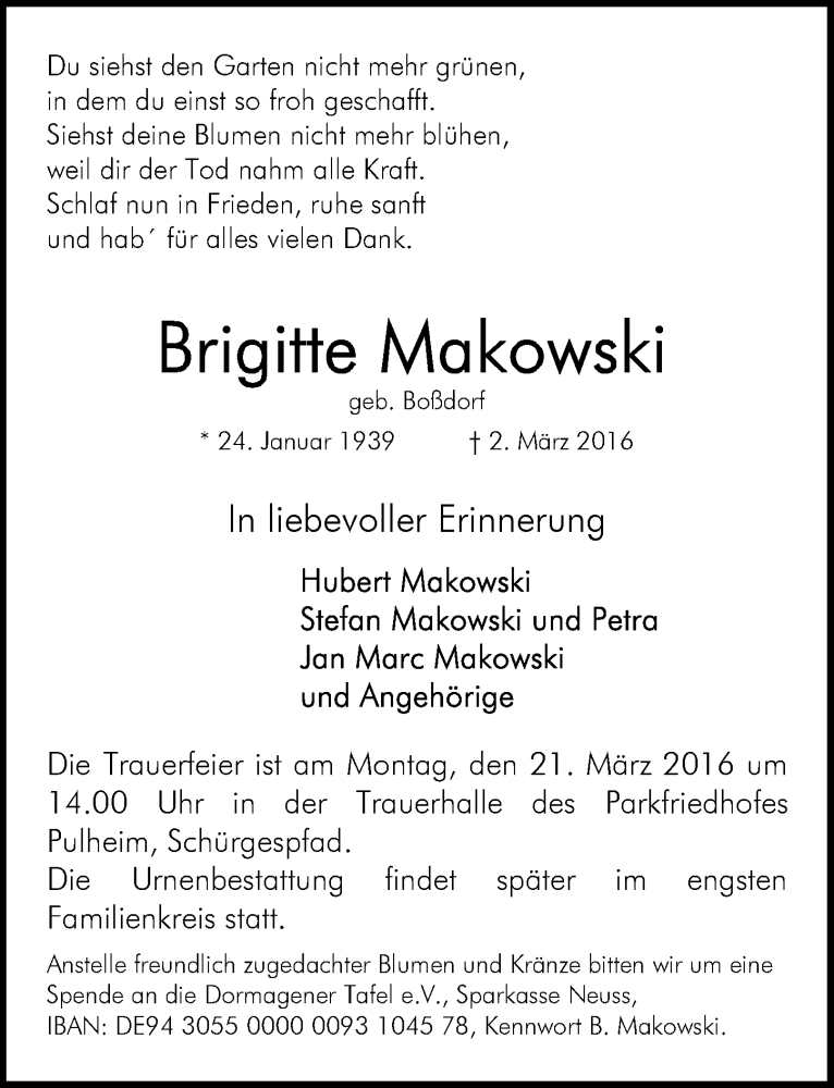  Traueranzeige für Brigitte Makowski vom 12.03.2016 aus  Sonntags-Post 