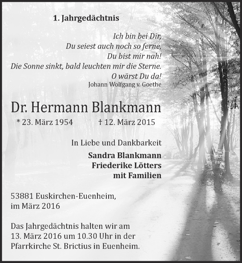  Traueranzeige für Hermann Blankmann vom 06.03.2016 aus  Blickpunkt Euskirchen 
