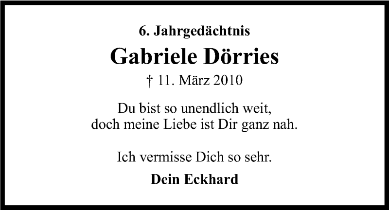  Traueranzeige für Gabriele Dörries vom 11.03.2016 aus Kölner Stadt-Anzeiger / Kölnische Rundschau / Express