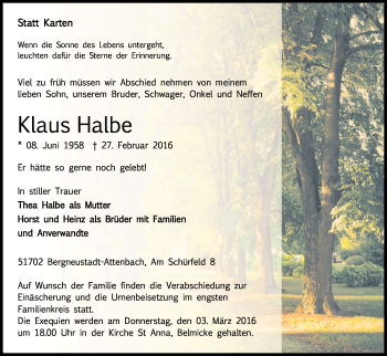 Anzeige von Klaus Halbe von Kölner Stadt-Anzeiger / Kölnische Rundschau / Express