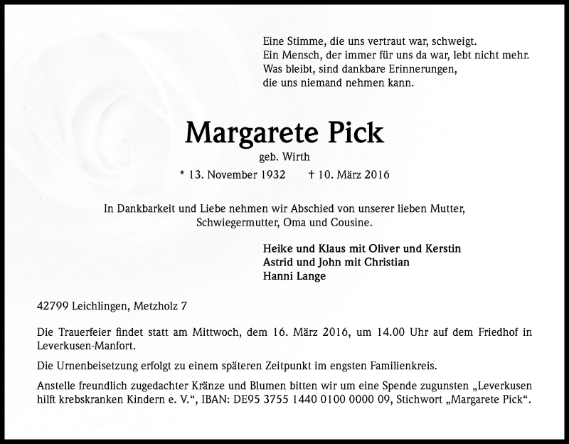  Traueranzeige für Margarete Pick vom 12.03.2016 aus Kölner Stadt-Anzeiger / Kölnische Rundschau / Express