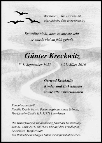 Anzeige von Günter Kreckwitz von Kölner Stadt-Anzeiger / Kölnische Rundschau / Express