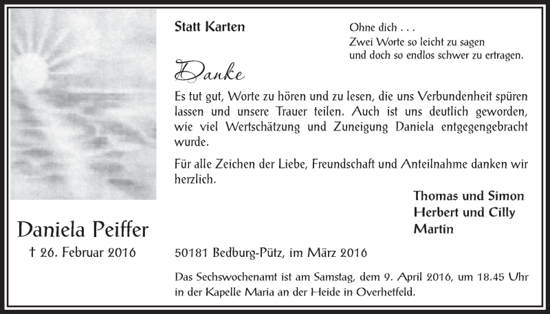  Traueranzeige für Daniela Peiffer vom 30.03.2016 aus  Werbepost 