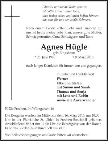 Anzeige von Agnes Hügle von  Sonntags-Post 