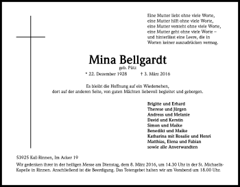 Anzeige von Mina Bellgardt von Kölner Stadt-Anzeiger / Kölnische Rundschau / Express