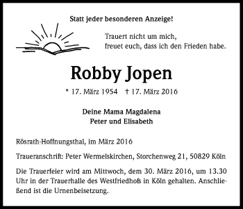 Anzeige von Robby Jopen von Kölner Stadt-Anzeiger / Kölnische Rundschau / Express