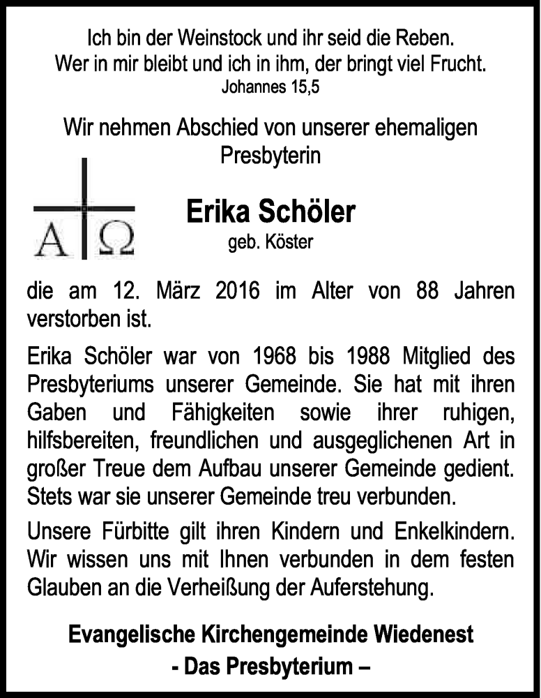  Traueranzeige für Erika Schöler vom 19.03.2016 aus Kölner Stadt-Anzeiger / Kölnische Rundschau / Express