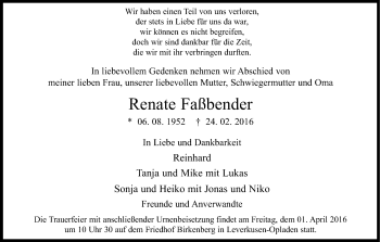 Anzeige von Renate Faßbender von Kölner Stadt-Anzeiger / Kölnische Rundschau / Express