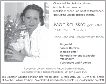 Anzeige von Monika Iskra von  Schlossbote/Werbekurier 