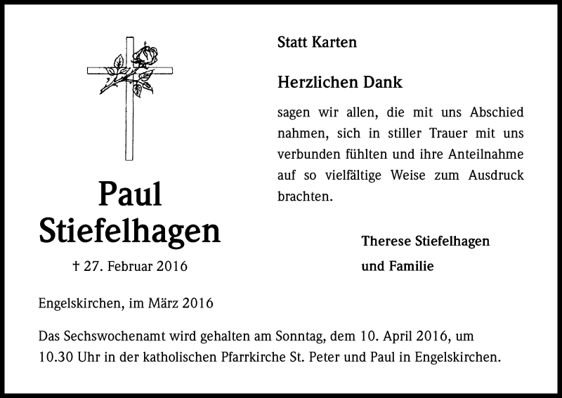  Traueranzeige für Paul Stiefelhagen vom 26.03.2016 aus Kölner Stadt-Anzeiger / Kölnische Rundschau / Express