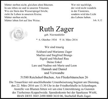 Anzeige von Ruth Zager von Kölner Stadt-Anzeiger / Kölnische Rundschau / Express