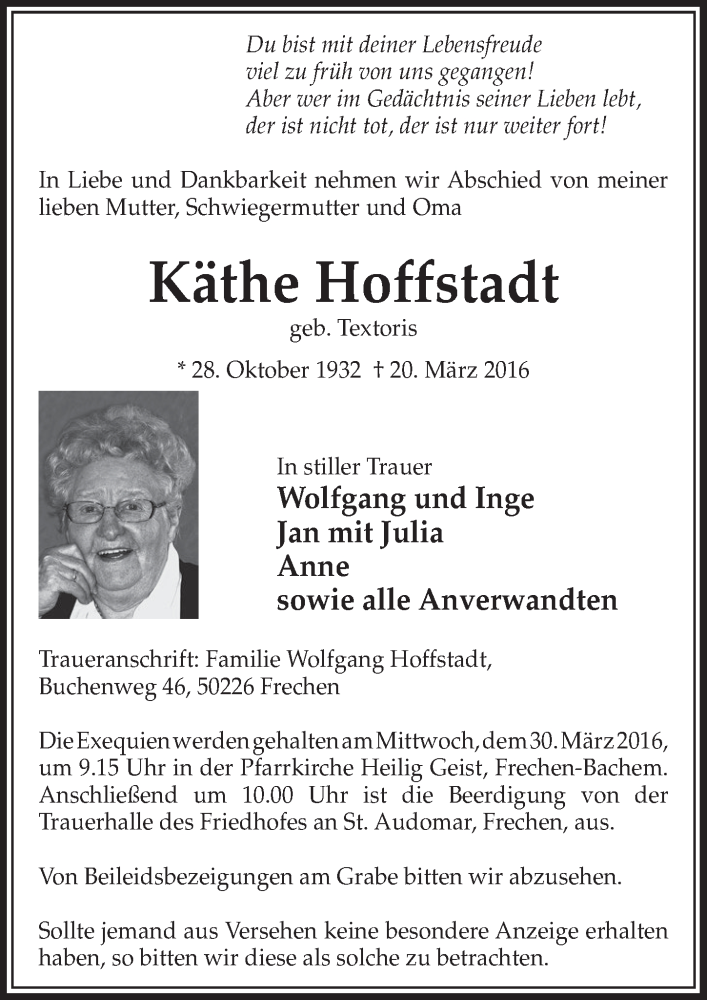  Traueranzeige für Käthe Hoffstadt vom 26.03.2016 aus  Sonntags-Post 