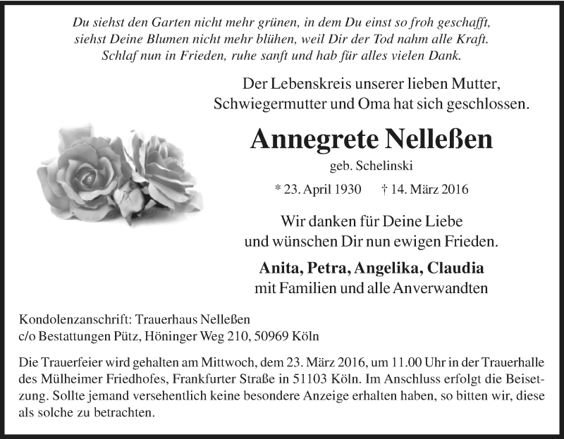  Traueranzeige für Annegrete Nelleßen vom 18.03.2016 aus Kölner Stadt-Anzeiger / Kölnische Rundschau / Express