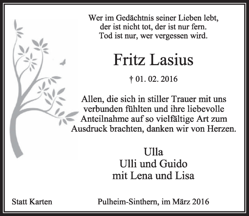  Traueranzeige für Fritz Lasius vom 05.03.2016 aus  Sonntags-Post 