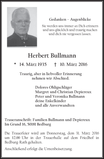 Anzeige von Herbert Bullmann von  Sonntags-Post 