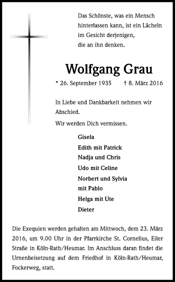 Anzeige von Wolfgang Grau von Kölner Stadt-Anzeiger / Kölnische Rundschau / Express