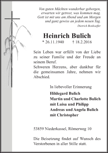 Anzeige von Heinrich Bulich von  Extra Blatt 