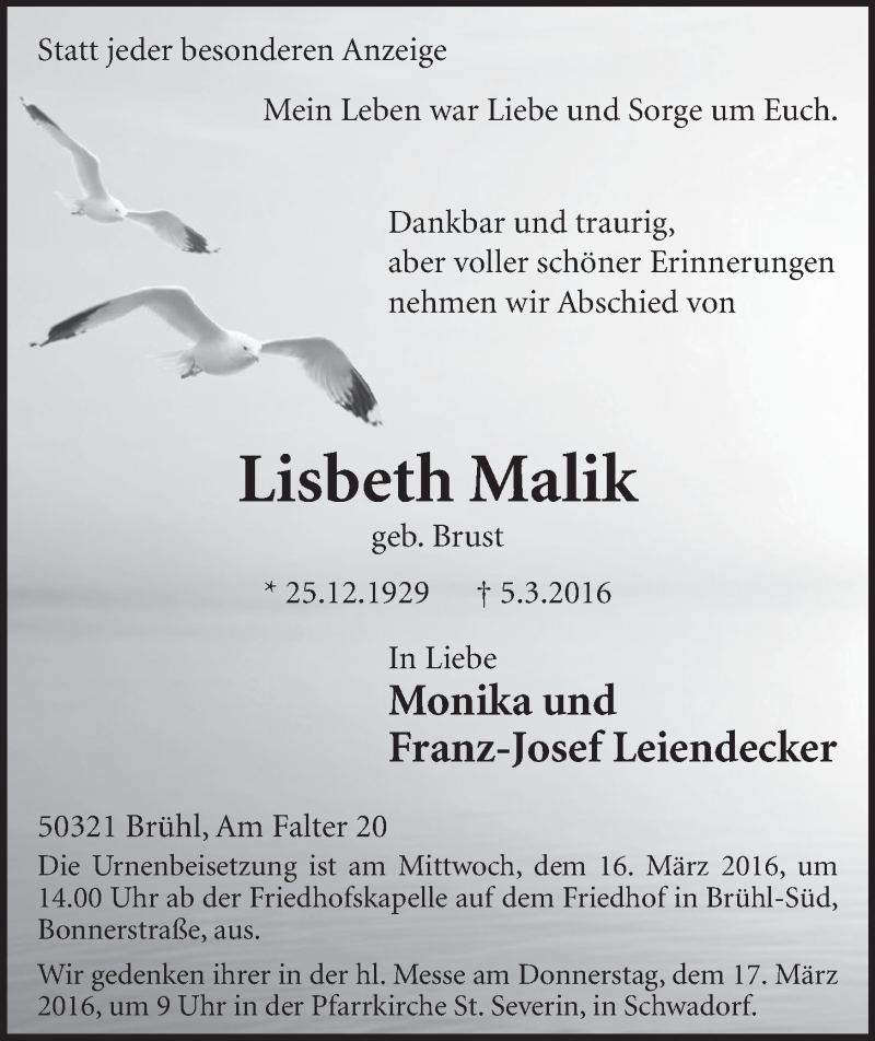  Traueranzeige für Lisbeth Malik vom 09.03.2016 aus  Schlossbote/Werbekurier 