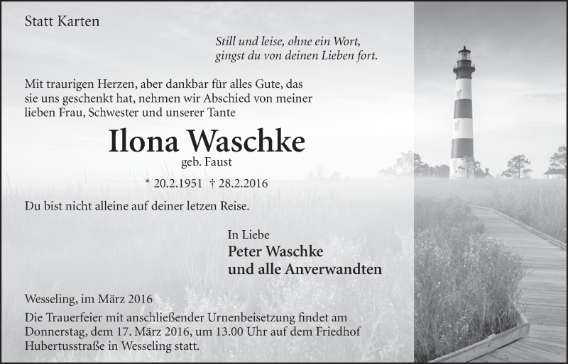  Traueranzeige für Ilona Waschke vom 16.03.2016 aus  Schlossbote/Werbekurier 