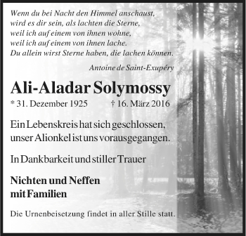Anzeige von Ali-Aladar Solymossy von Kölner Stadt-Anzeiger / Kölnische Rundschau / Express