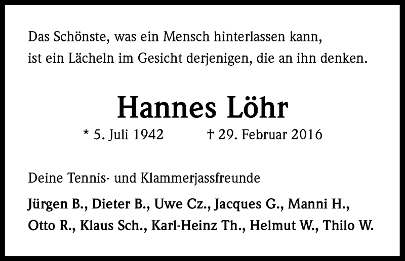  Traueranzeige für Hannes Löhr vom 05.03.2016 aus Kölner Stadt-Anzeiger / Kölnische Rundschau / Express
